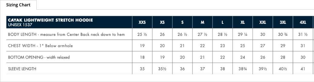 Sizing Chart