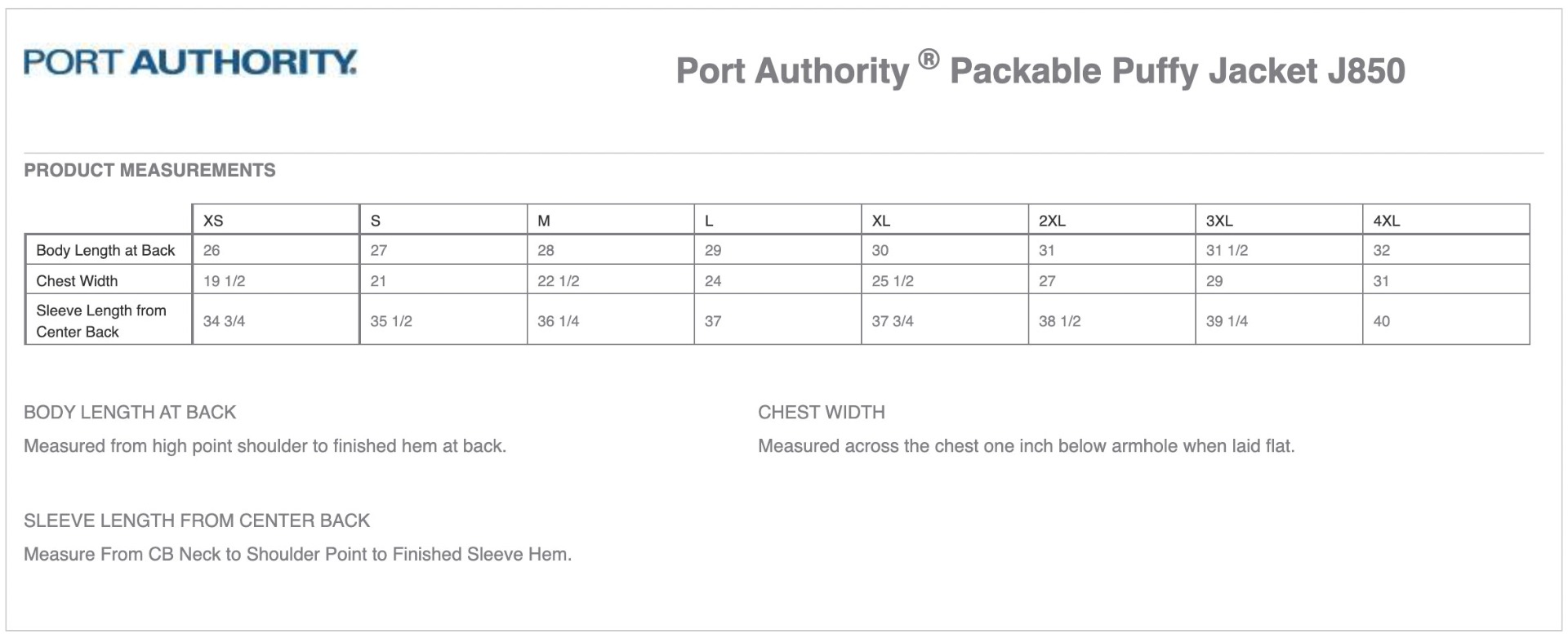 Sizing Chart