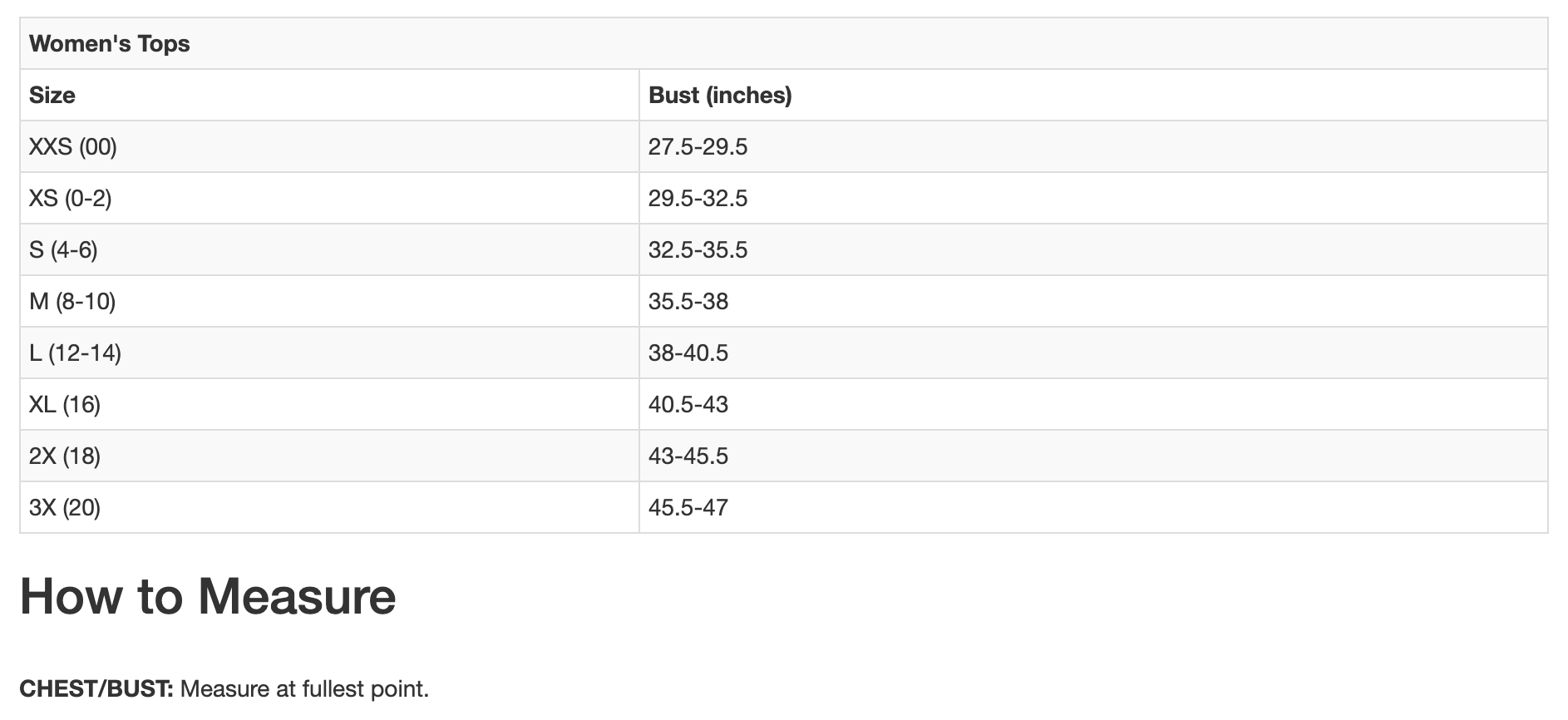 Sizing Chart