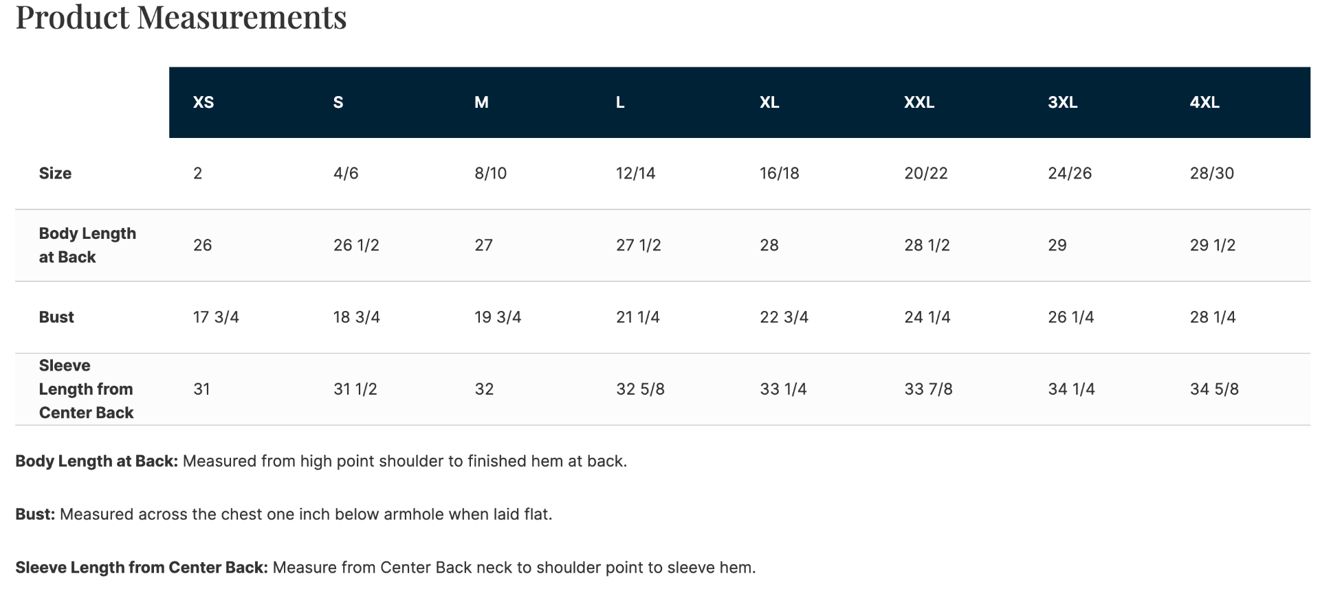 Sizing Chart