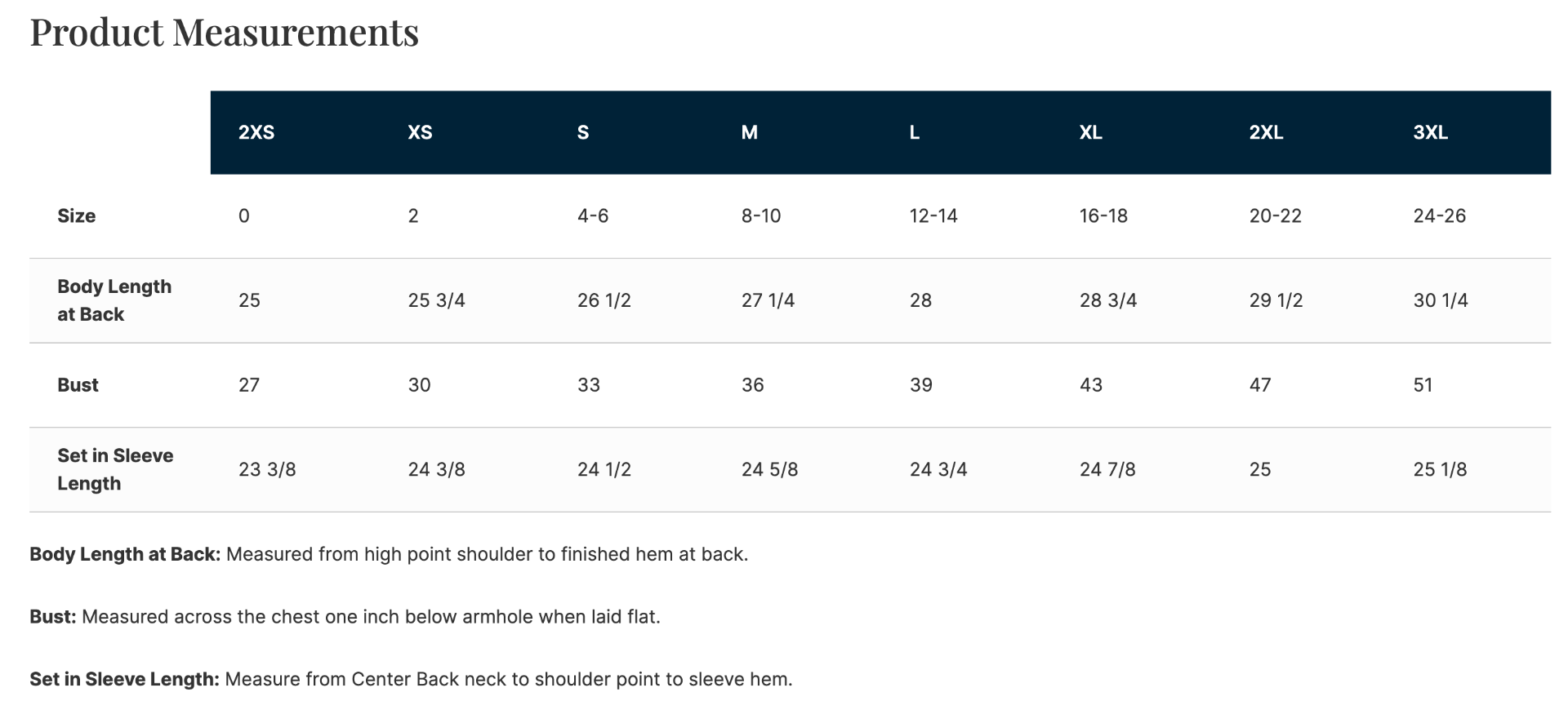 Sizing Chart